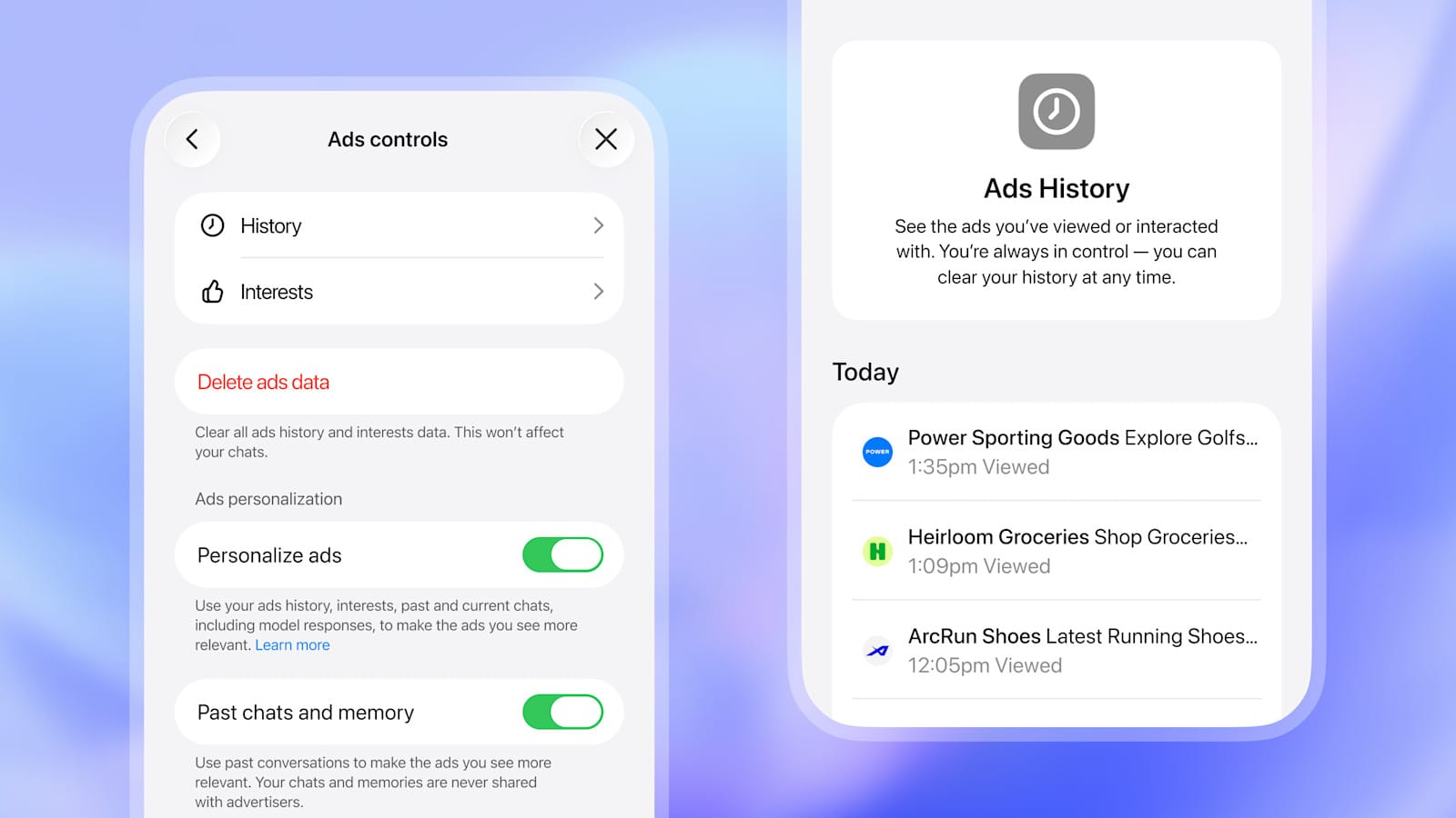 Official screenshot of ChatGPT ads controls and ads history screens