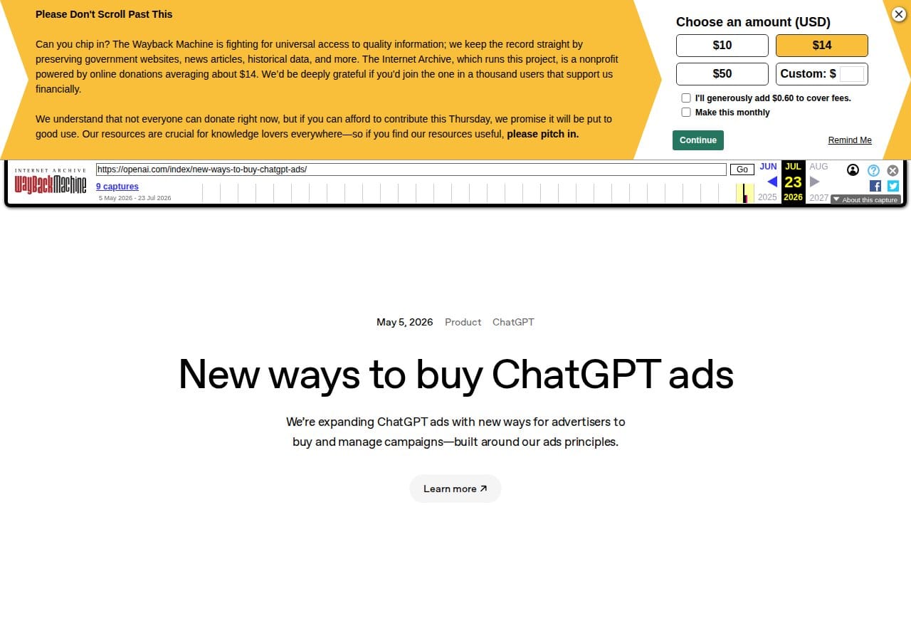 صفحة OpenAI الرسمية للطرق الجديدة لشراء إعلانات ChatGPT بما فيها Ads Manager