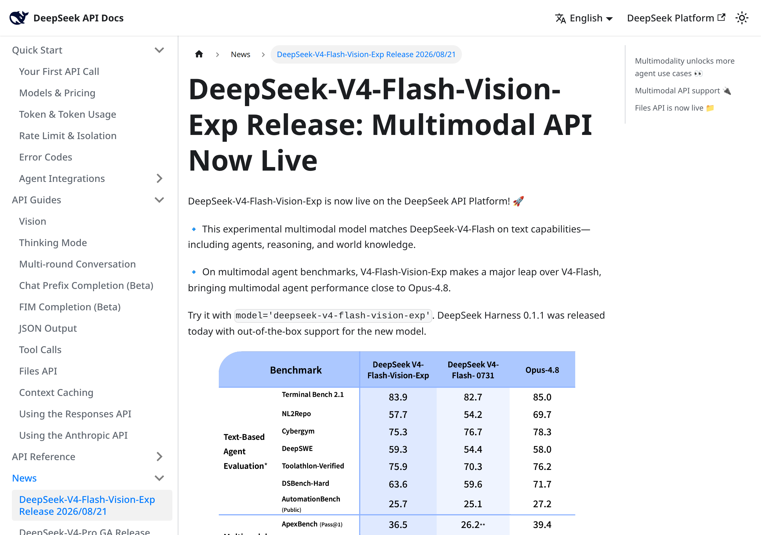 Screenshot of DeepSeek's official August 21, 2026 announcement of the DeepSeek-V4-Flash-Vision-Exp multimodal release with the official benchmark table