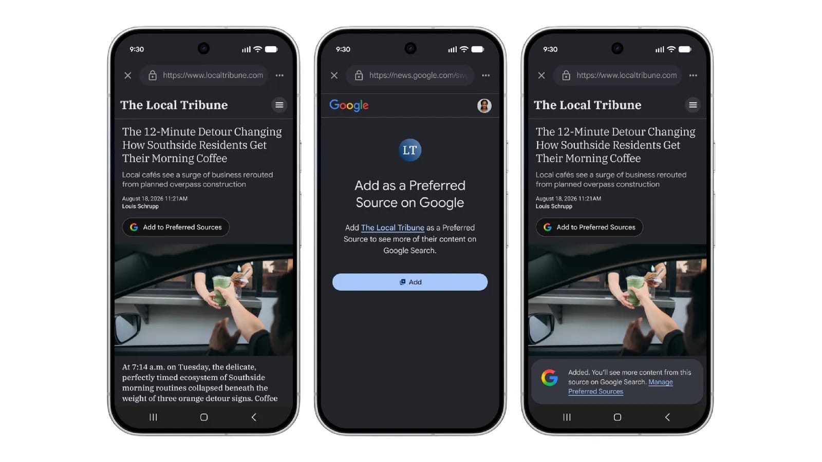 Google's official image of the embeddable Preferred Sources button for publishers