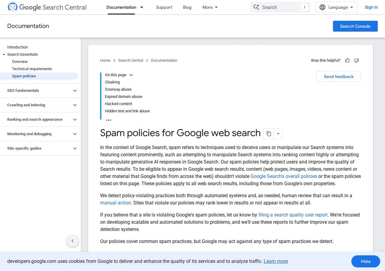 Google's official spam policies documentation page