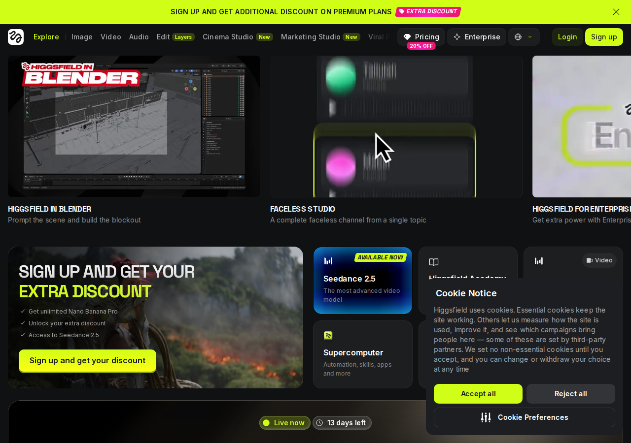 The official homepage of the Higgsfield AI creative platform