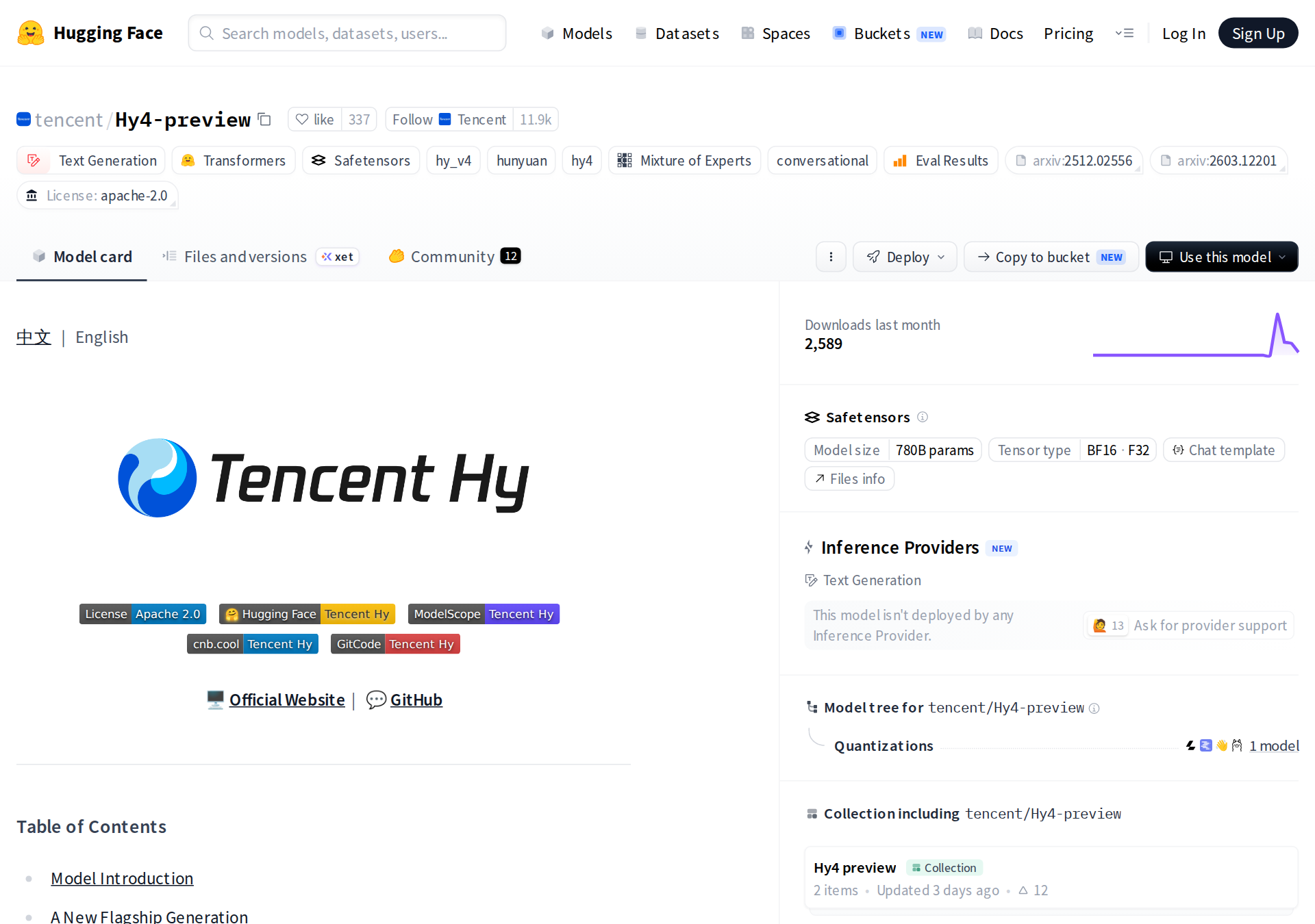 The official Hy4 preview collection on Tencent's Hugging Face page