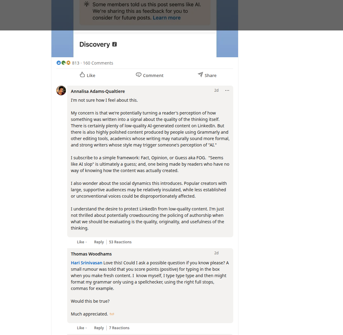 Quote from Srinivasan's post confirming a 40 percent drop in views of classified AI slop content