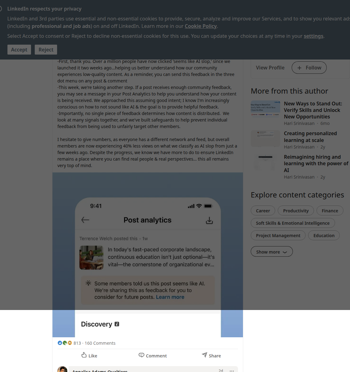LinkedIn Chief Product Officer Hari Srinivasan's official post about AI slop feedback results