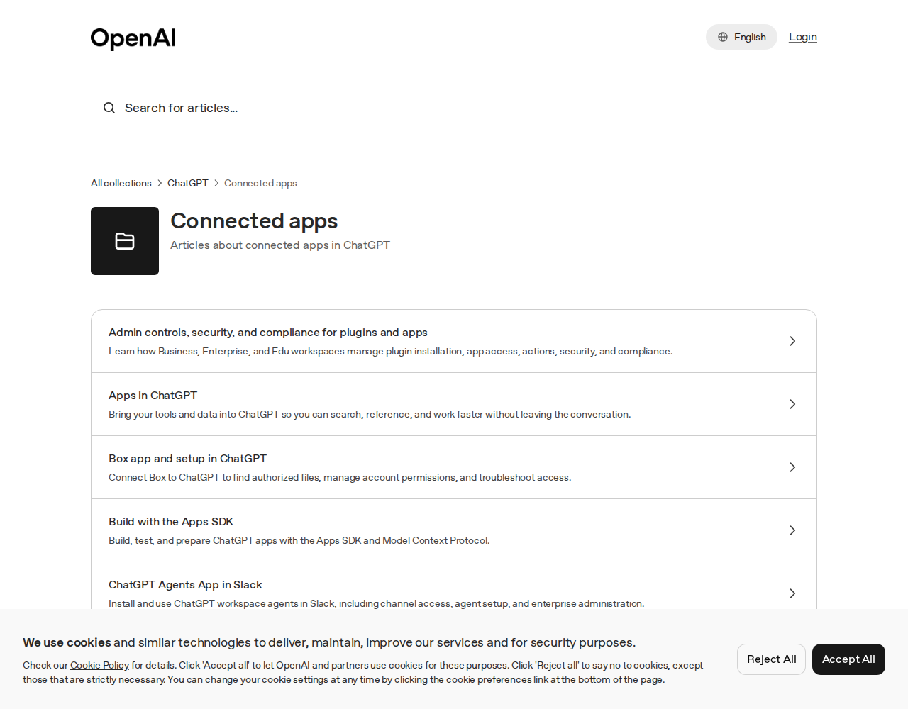 Screenshot of the Connected apps article collection in the OpenAI help center