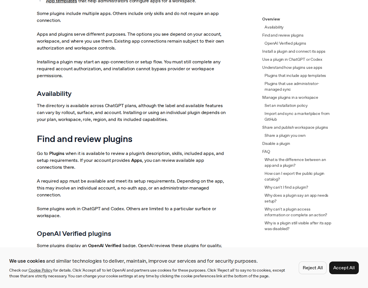 Screenshot from inside the OpenAI help page covering plugin installation and app connection steps