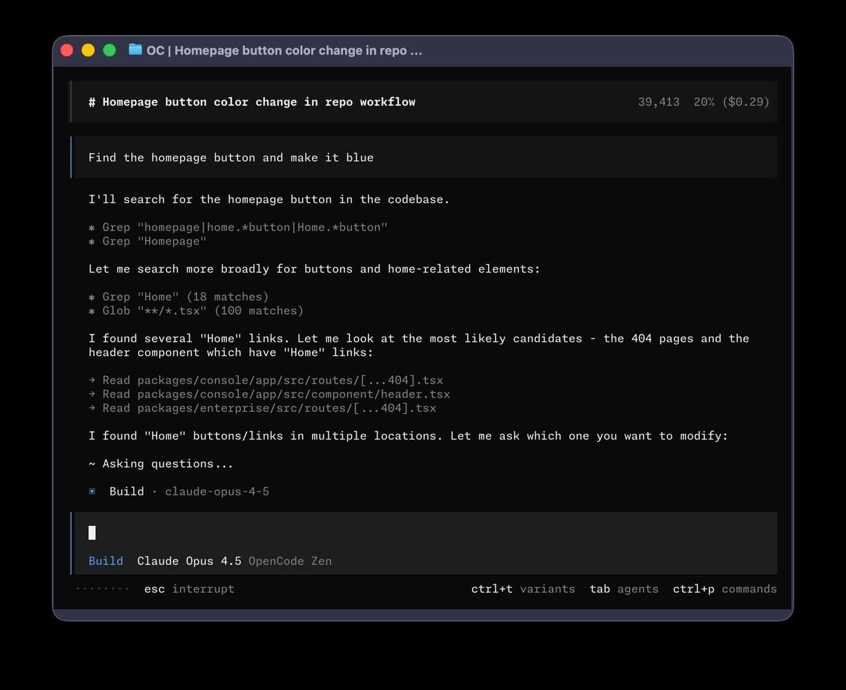 واجهة OpenCode الطرفية كما تظهر في التوثيق الرسمي