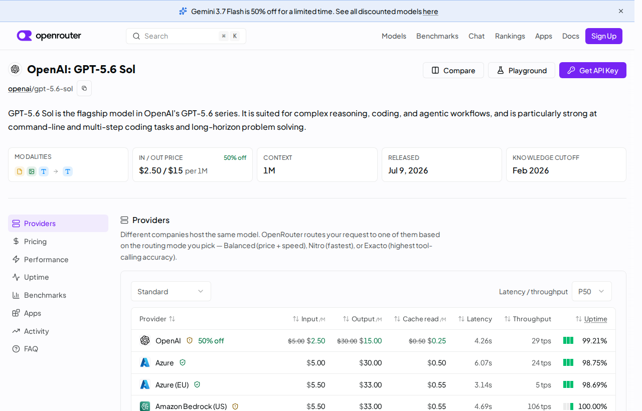 OpenRouter page for GPT-5.6 Sol showing the 50 percent discount from five dollars to 2.50 dollars per million input tokens