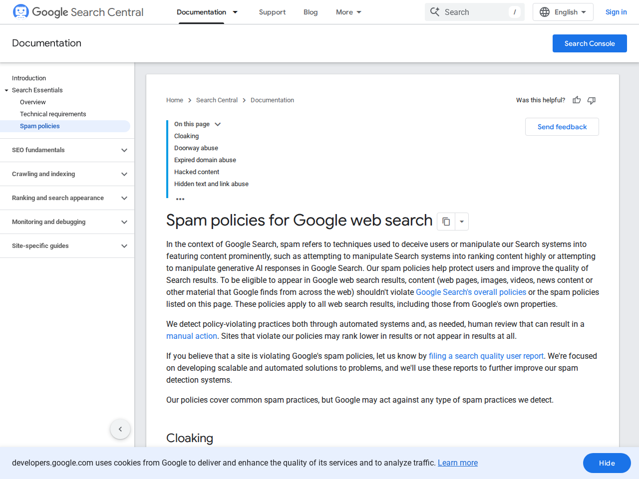 Screenshot of the official Google Search spam policies documentation page listing the site reputation abuse rule