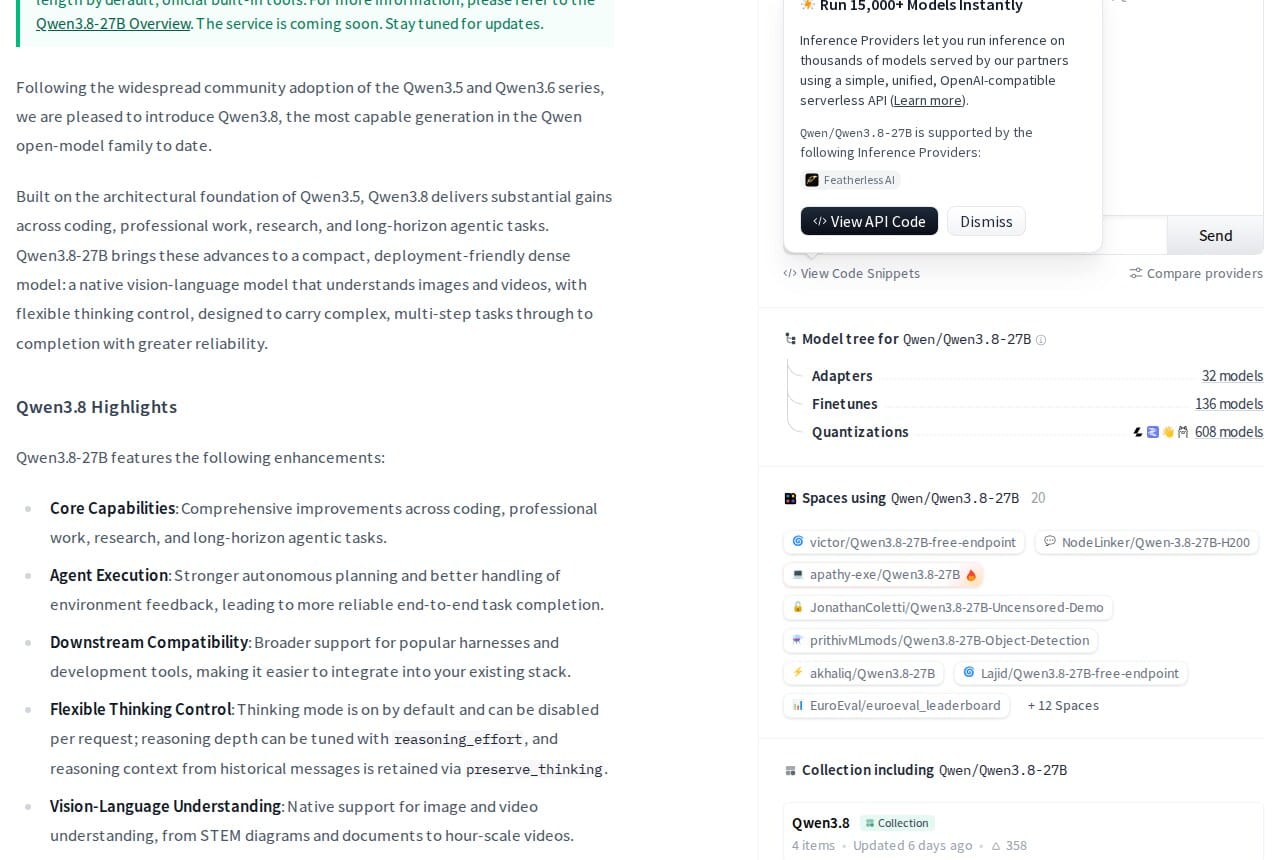 The official Qwen3.8-27B model page on Hugging Face showing the Apache-2.0 license and over one million downloads