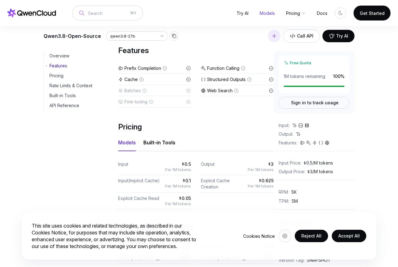 The official qwen3.8-27b pricing page on Qwen Cloud showing 0.50 USD per million input tokens, 3 USD per million output tokens, and a 1M token context window