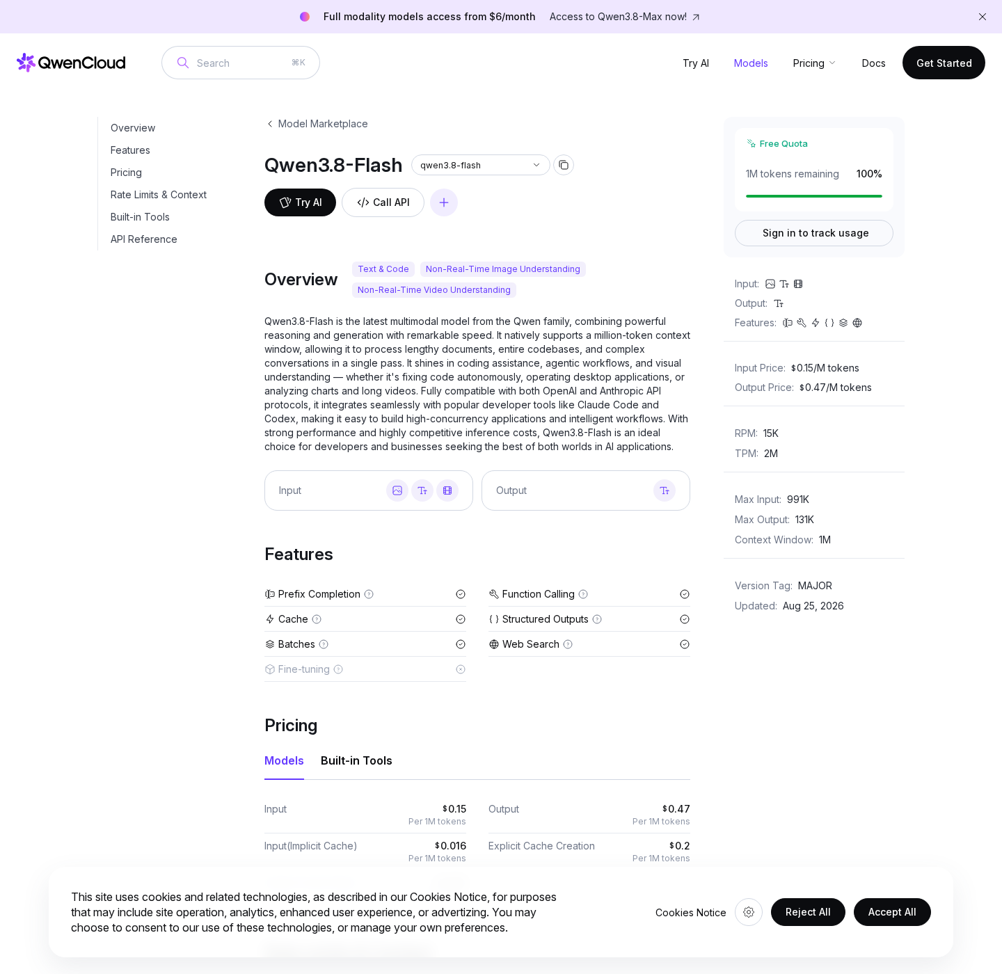 Screenshot of the official Qwen3.8-Flash page on Qwen Cloud with pricing and specifications
