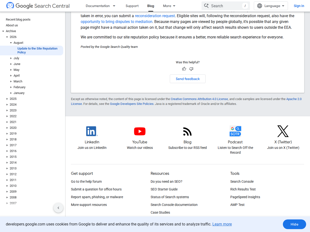 Screenshot of the section of Google's announcement describing the different effect of site reputation manual actions inside and outside the EEA