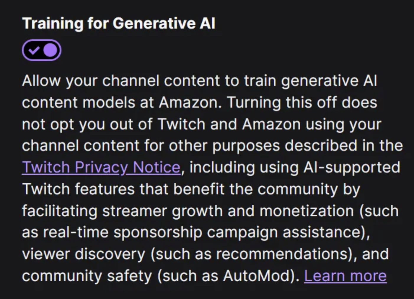 Screenshot from the official Twitch broadcast announcing the AI training policy