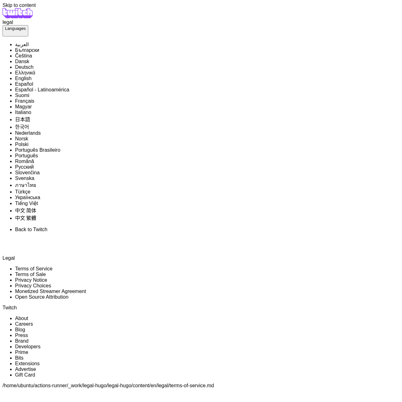 Official Twitch Terms of Service page covering content usage rights