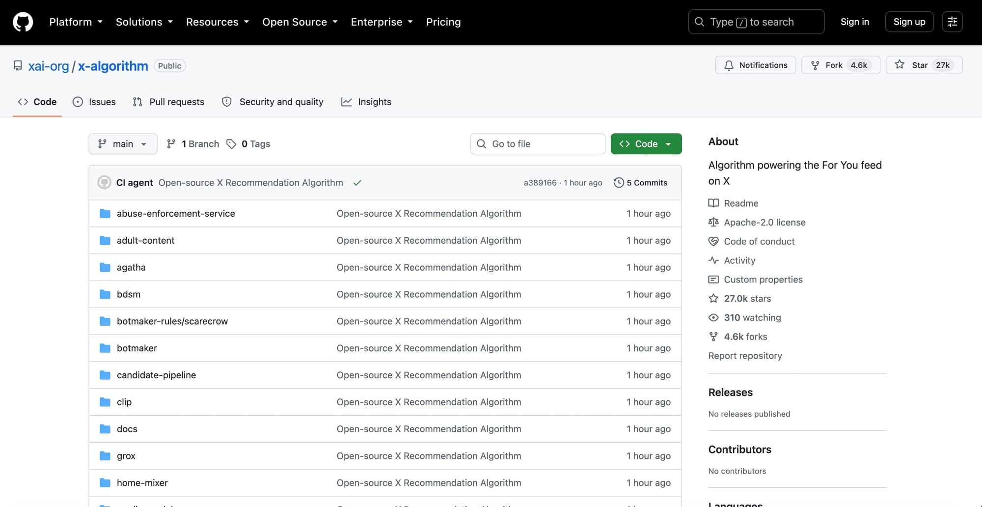 Official screenshot of X's open-source algorithm repository on GitHub