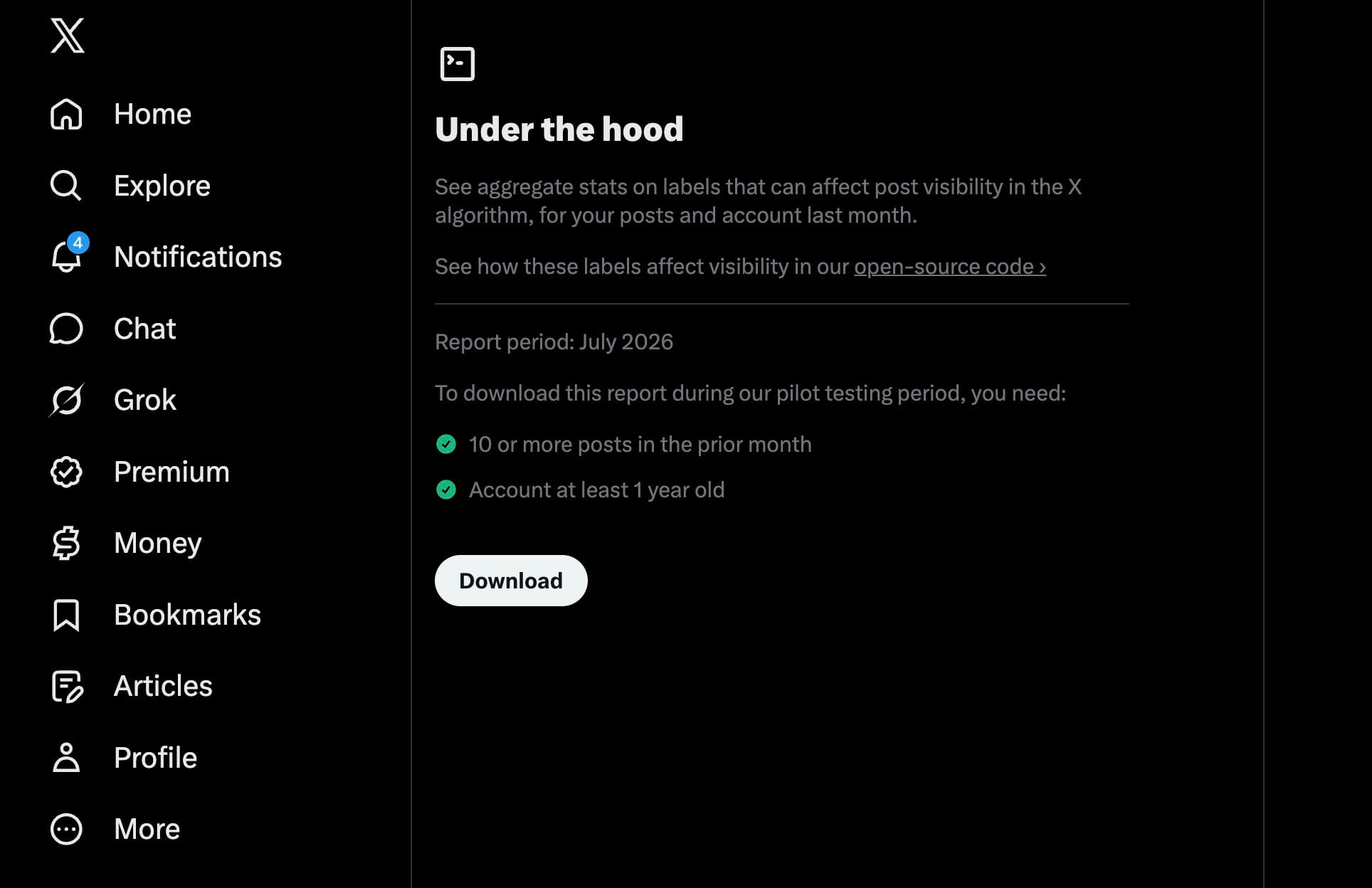 Official screenshot of the new Under the Hood transparency tool in X settings