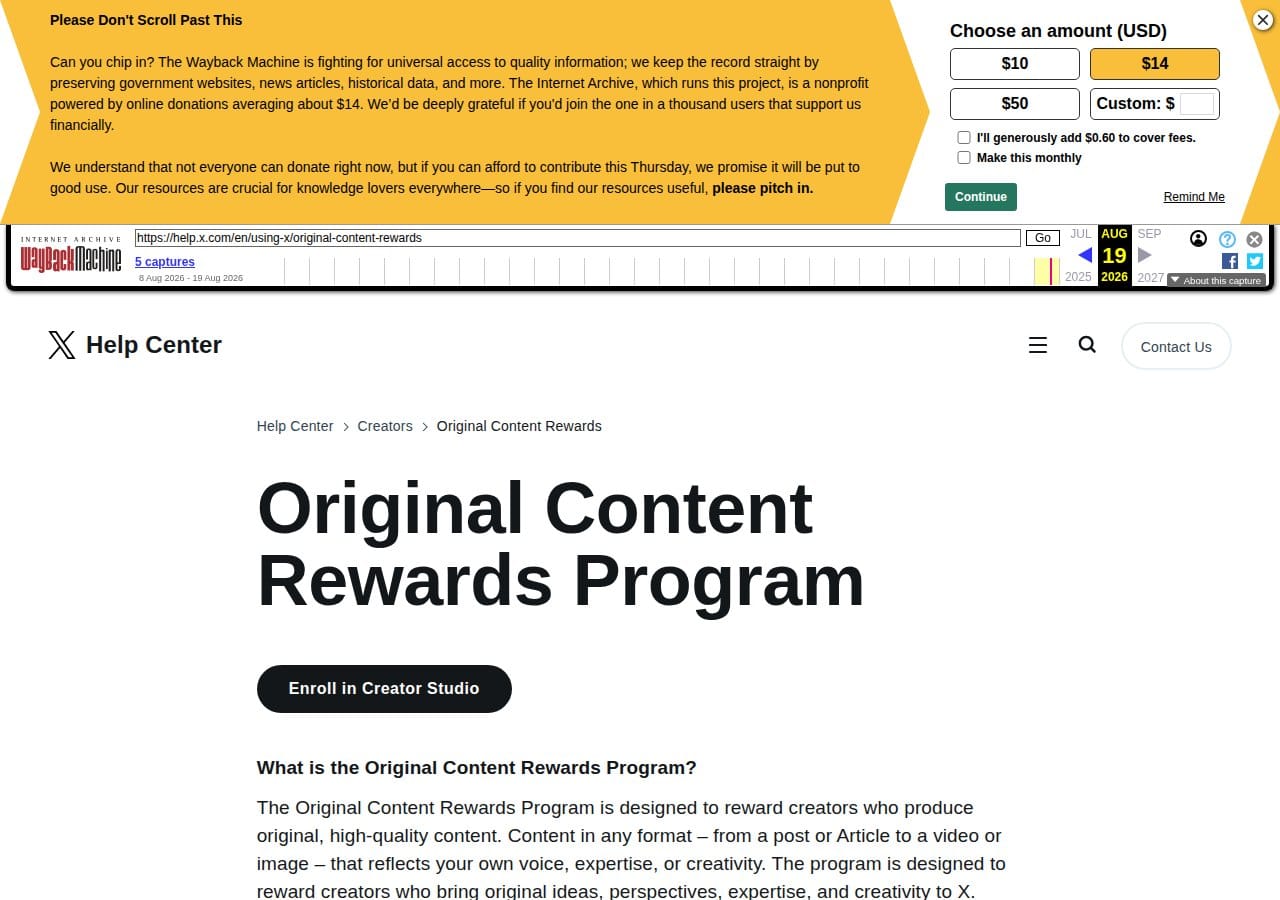 The official Original Content Rewards help page on X
