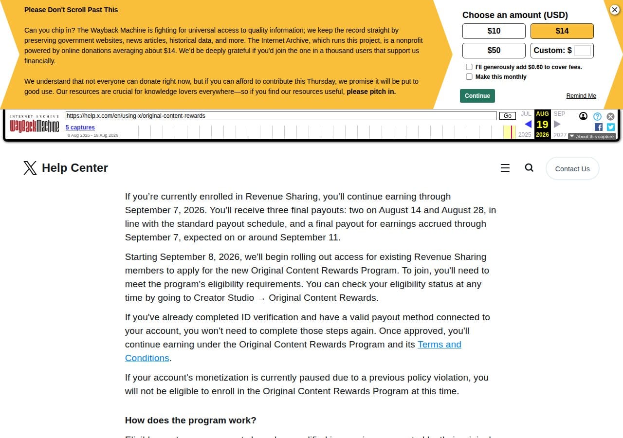 Eligibility Requirements section of X's official Original Content Rewards page