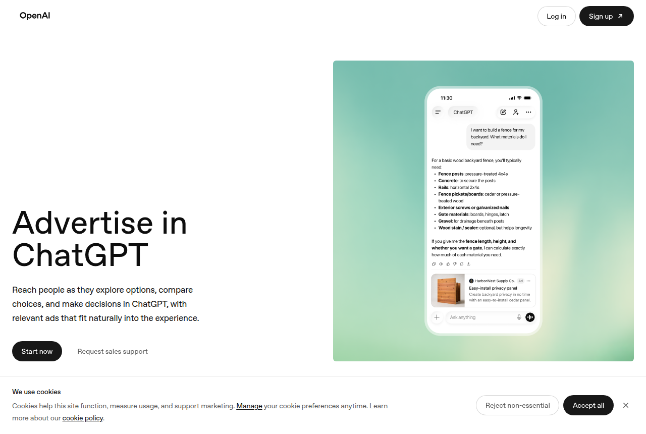 Screenshot of the official ads.openai.com landing page with Start now and Request sales support buttons