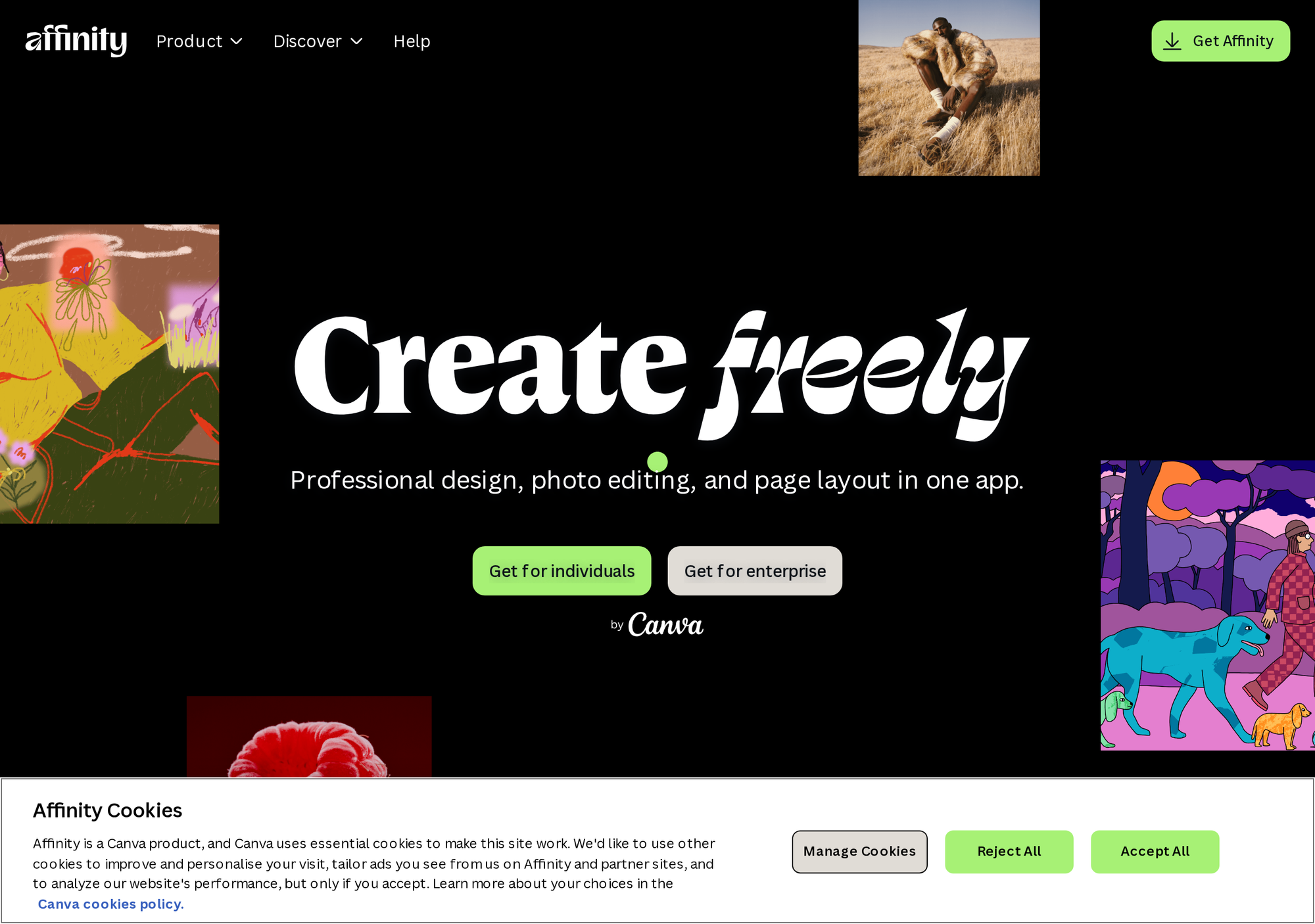 Affinity's official landing page after the ProSuite launch, showing vector, pixel, and layout tools plus Canva AI integration