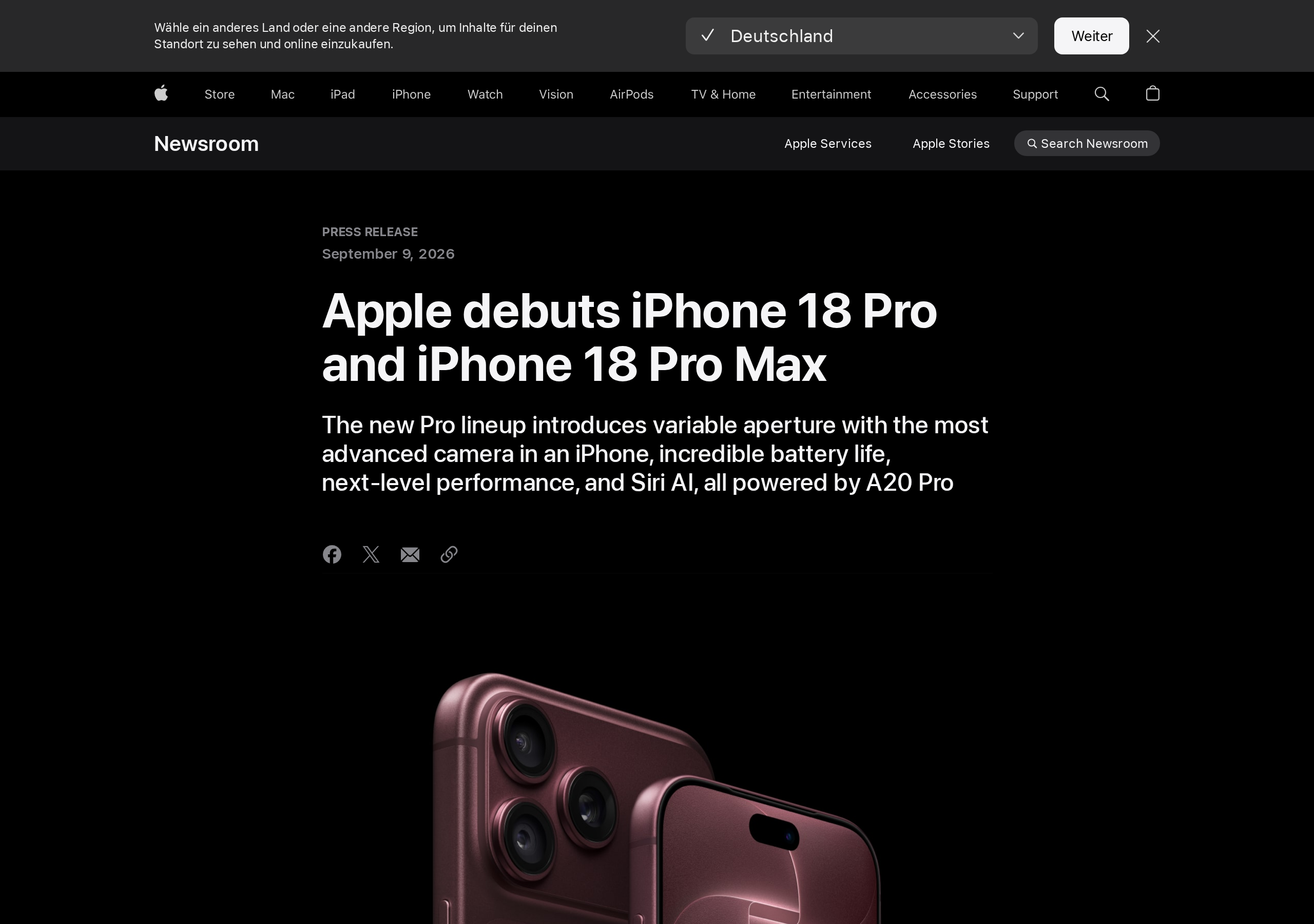 The official Apple Newsroom page announcing the iPhone 18 Pro and iPhone 18 Pro Max