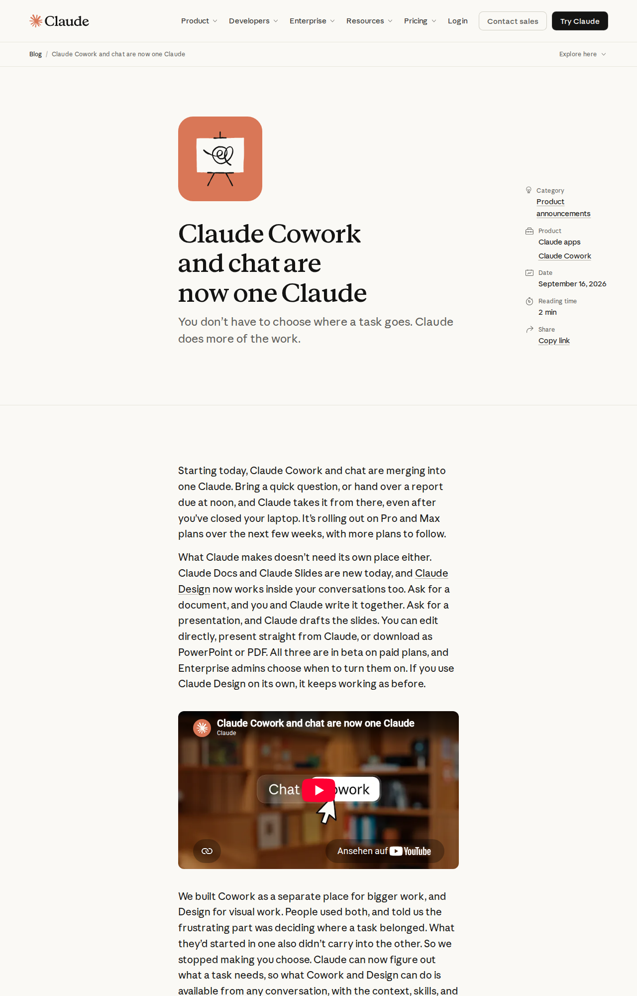 Screenshot of the official Claude blog announcement about the Cowork and chat merge