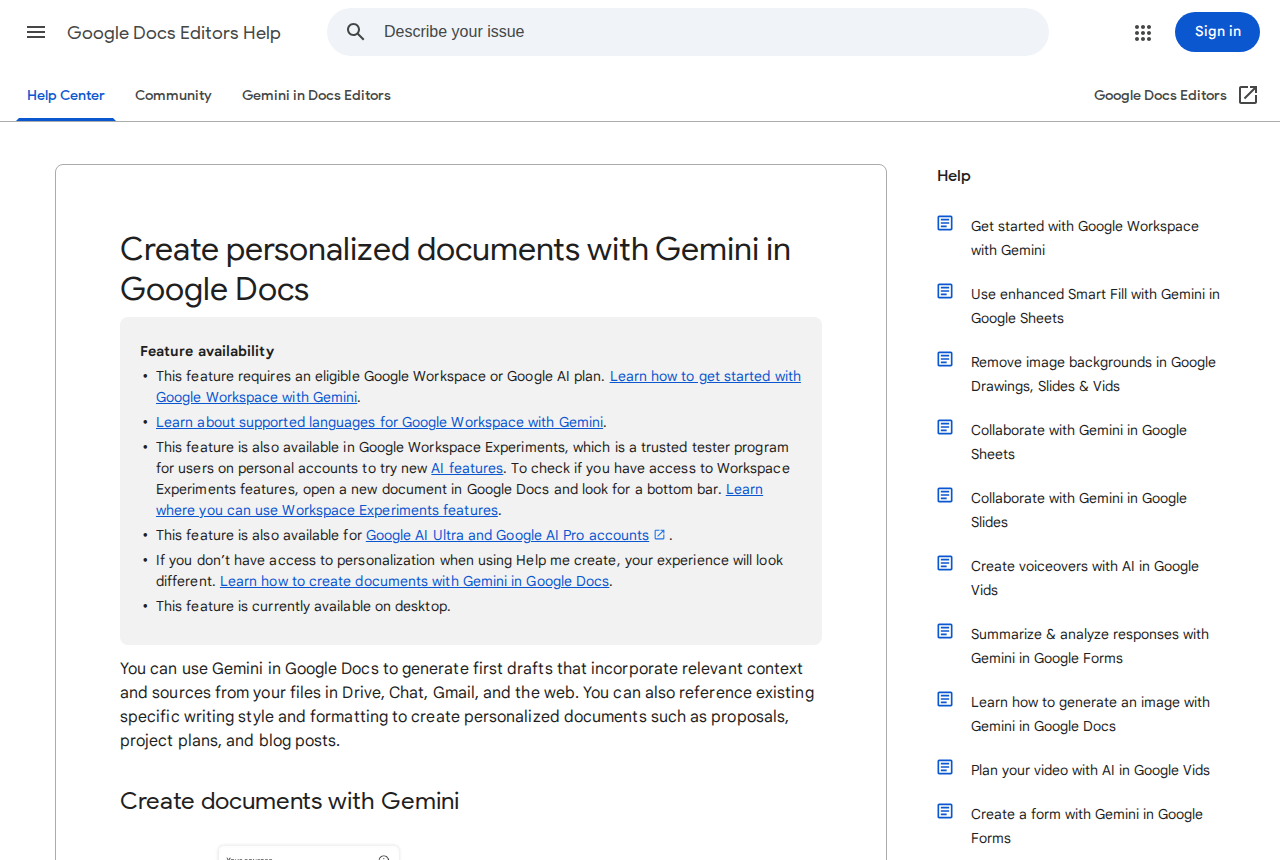Official Google Docs Editors Help page titled Create personalized documents with Gemini in Google Docs