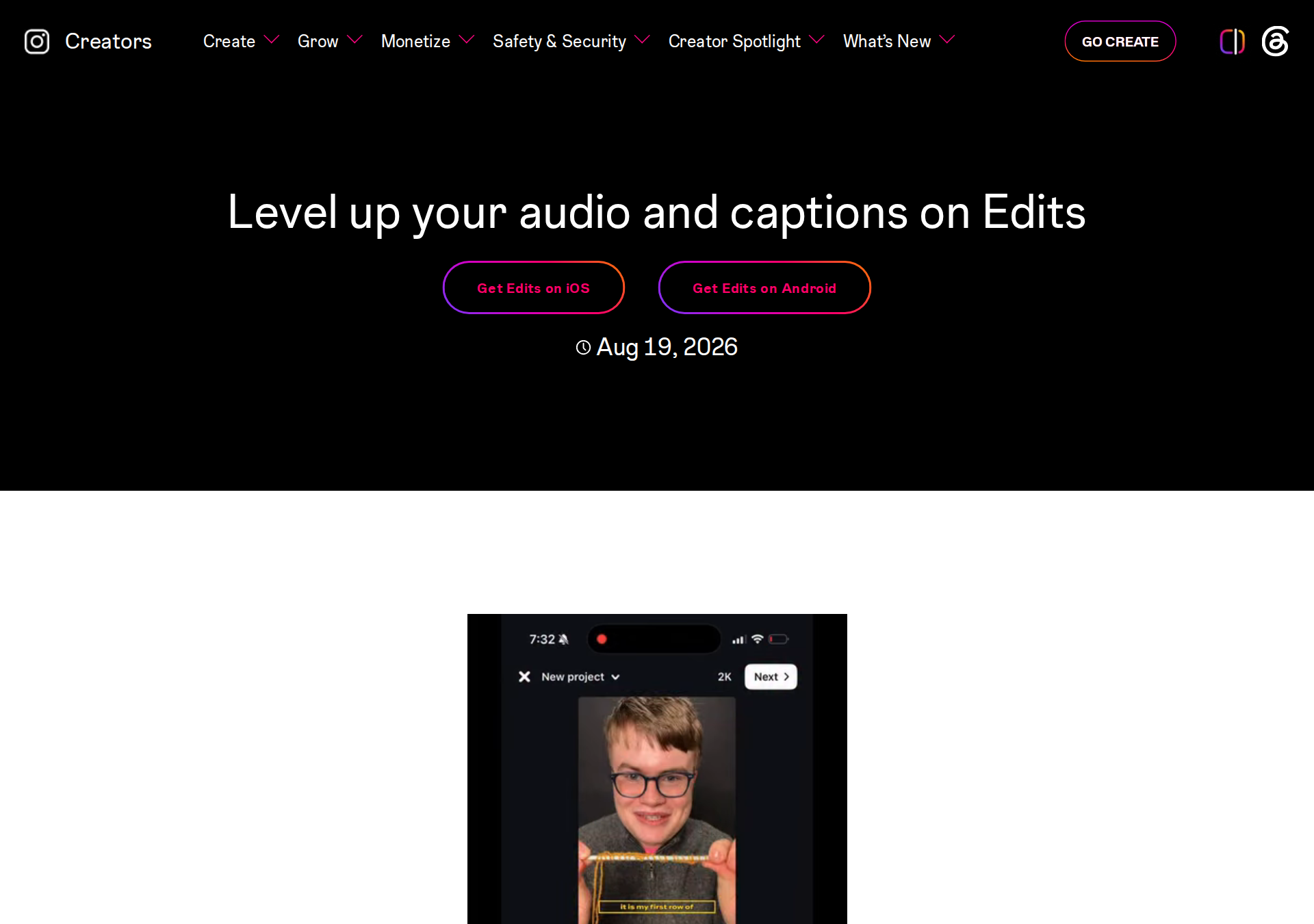 Official Instagram Creators blog page announcing bilingual captions in Edits