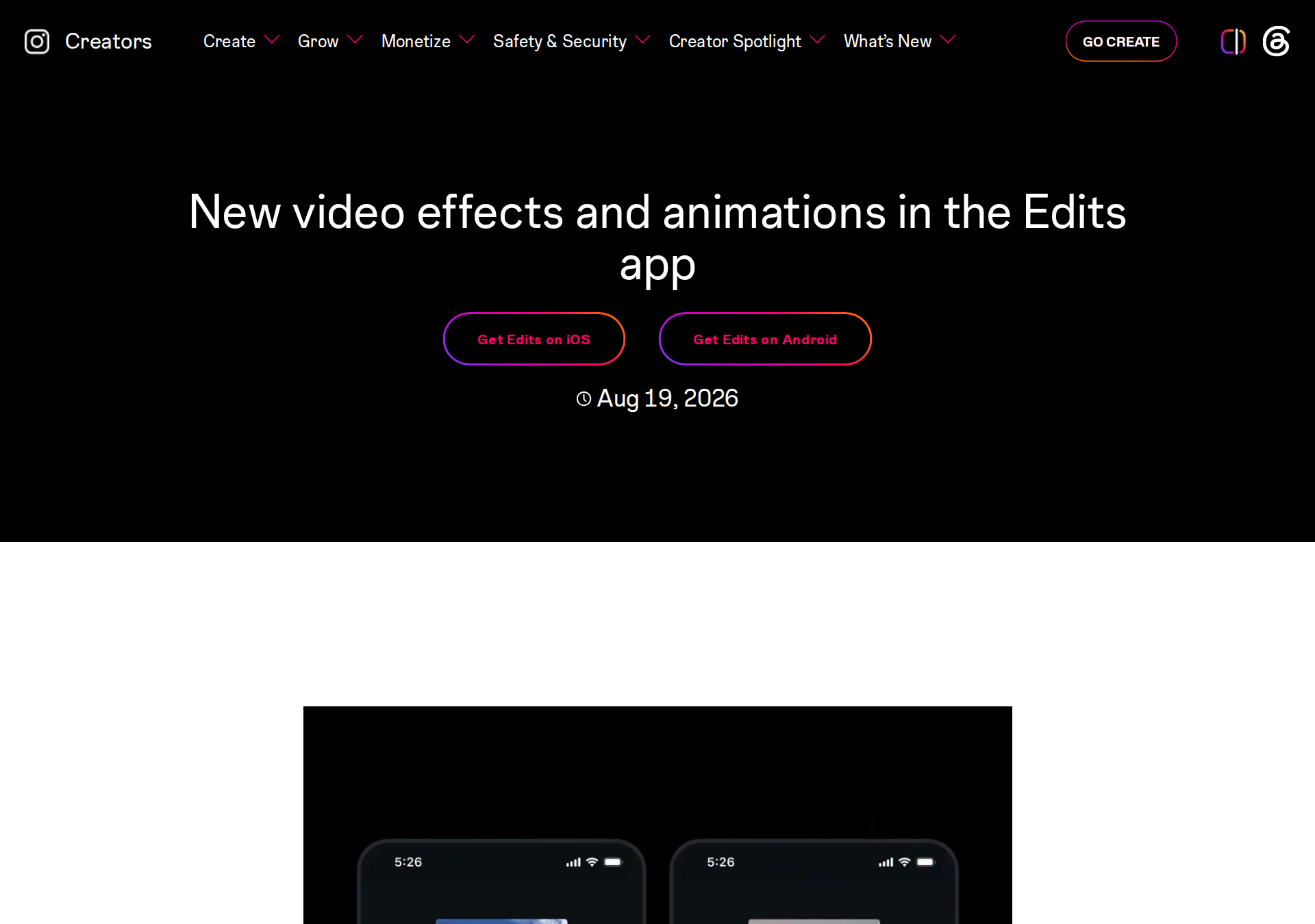 Official Instagram Creators blog page announcing new Edits video effects