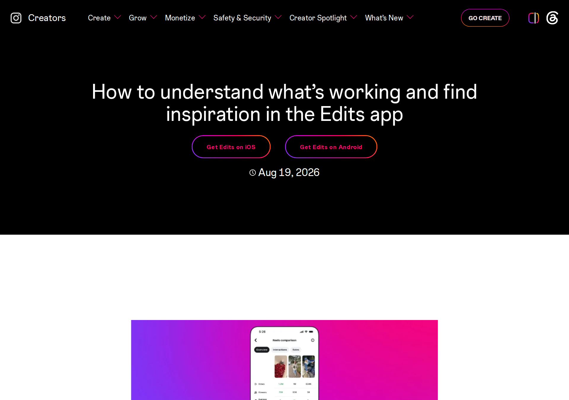 Official Instagram Creators blog page announcing Edits insights and Reels comparison tools