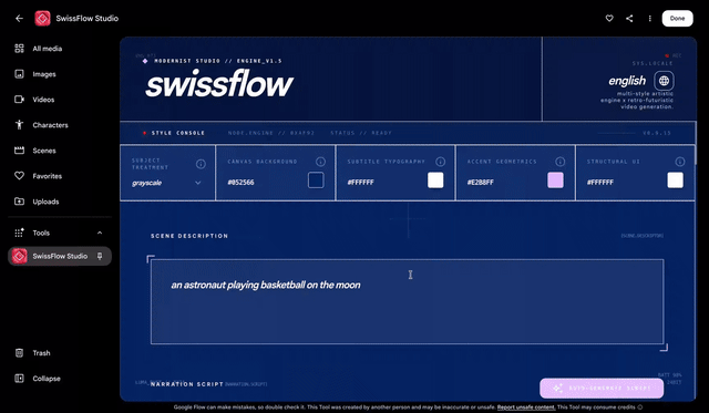 Official SwissFlow Studio demo showing a script converted into Swiss-style motion graphics