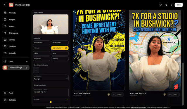 Official ThumbnailForge demo showing photorealistic social thumbnails generated from an image, headline, and prompt