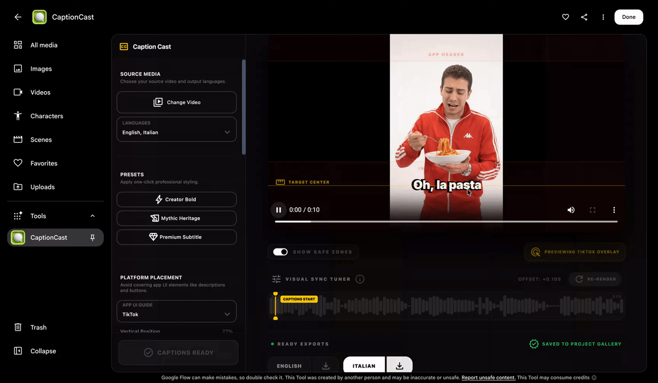 Official CaptionCast tool demonstration showing multilingual animated captions being generated