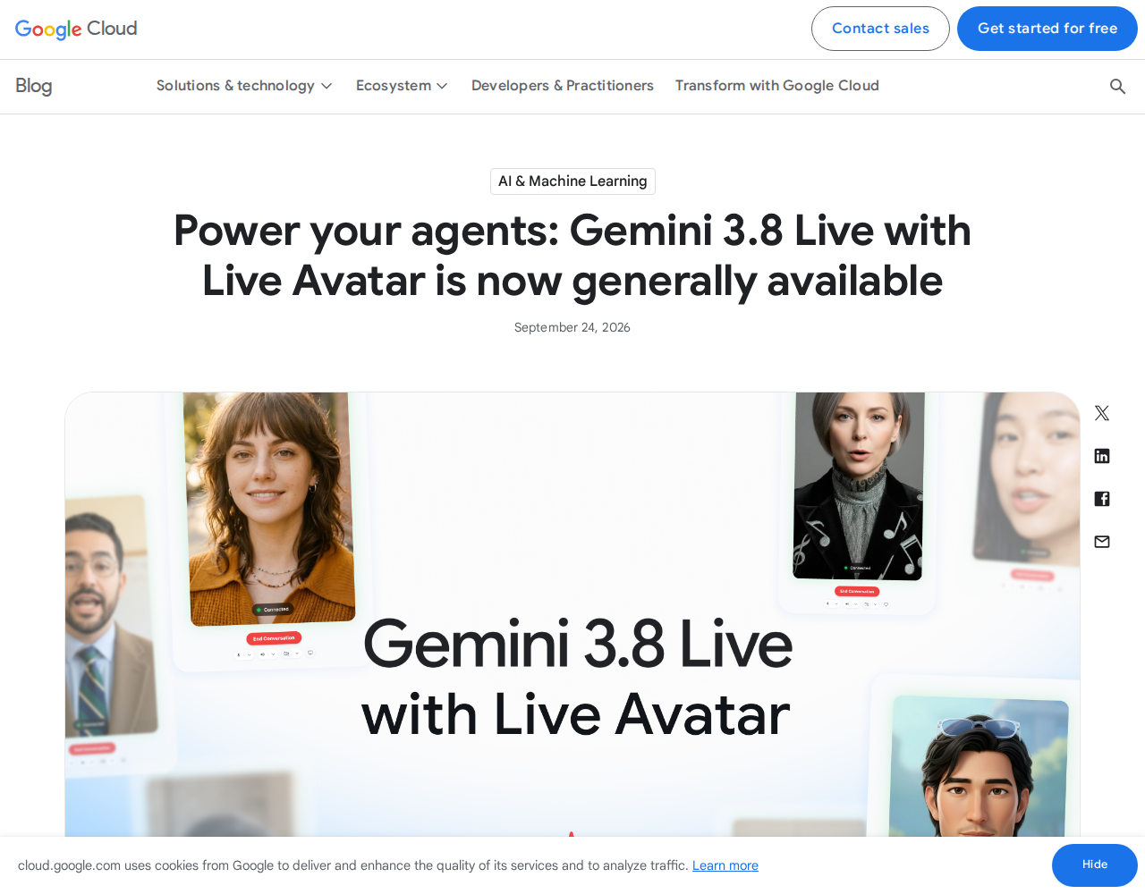 Live capture of the Google Cloud general availability post for Live Avatar