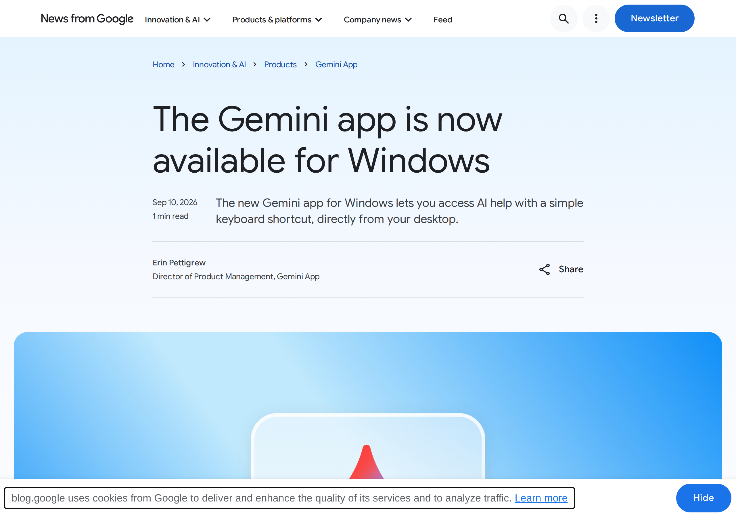 Google's official blog announcement page for the Gemini Windows app