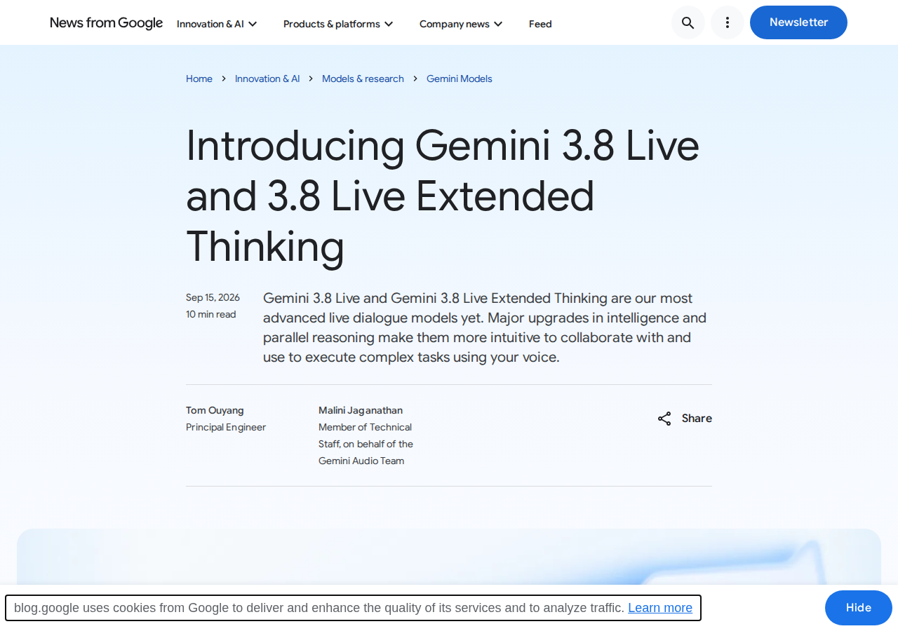 Screenshot of the official Gemini 3.8 Live announcement page on the Google blog