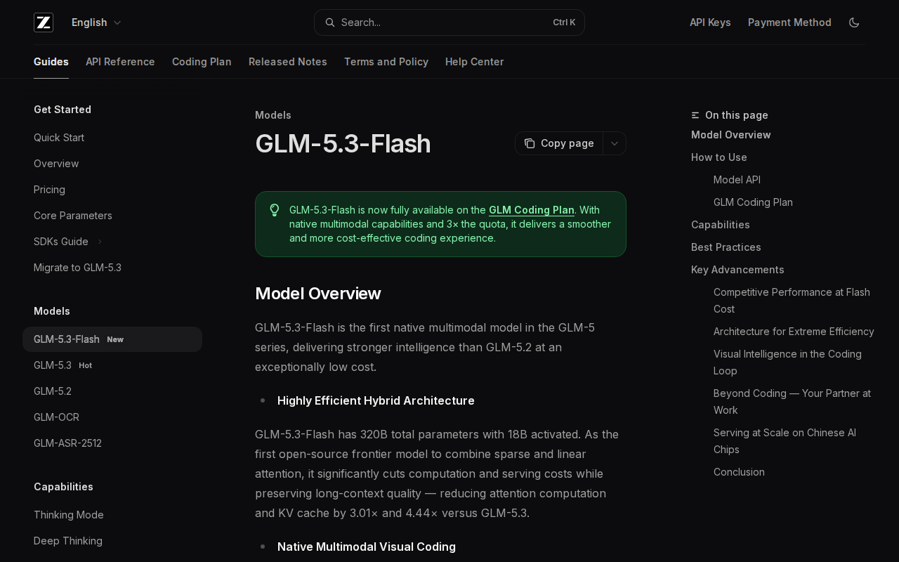 GLM-5.3-Flash page in the official Z.ai developer documentation