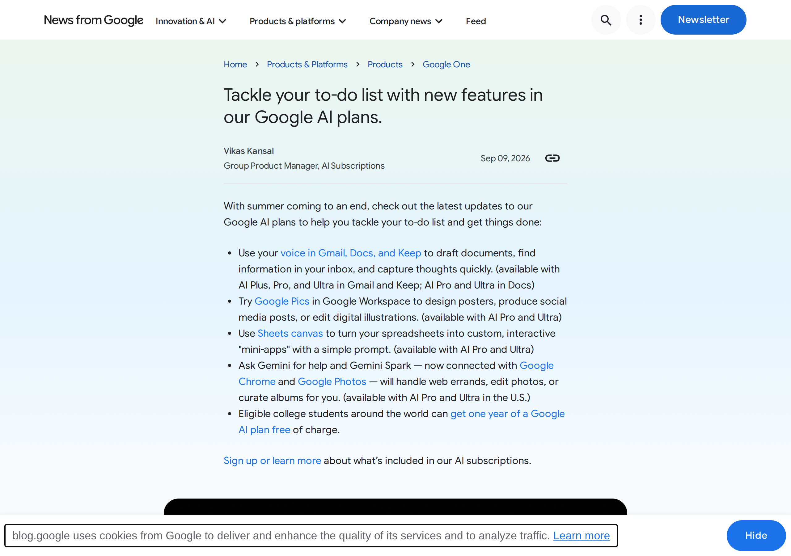 The official Google blog post announcing fall 2026 AI plan updates