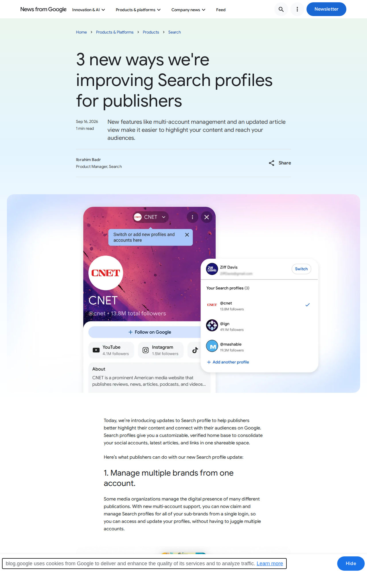 Screenshot of Google's official announcement page about the Search profiles update