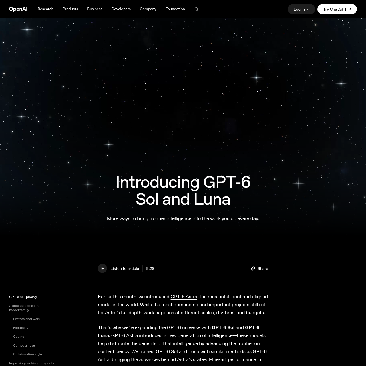 Screenshot of the official GPT-6 Sol and Luna announcement page on openai.com