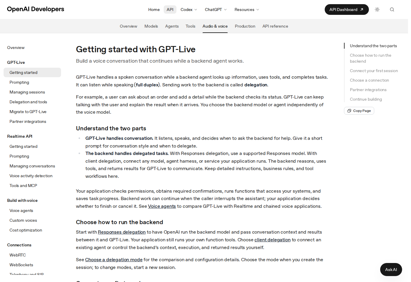 The official OpenAI developer docs getting-started guide for GPT-Live-1