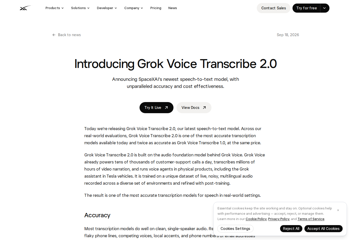 The official xAI announcement page for Grok Voice Transcribe 2.0 as visitors see it