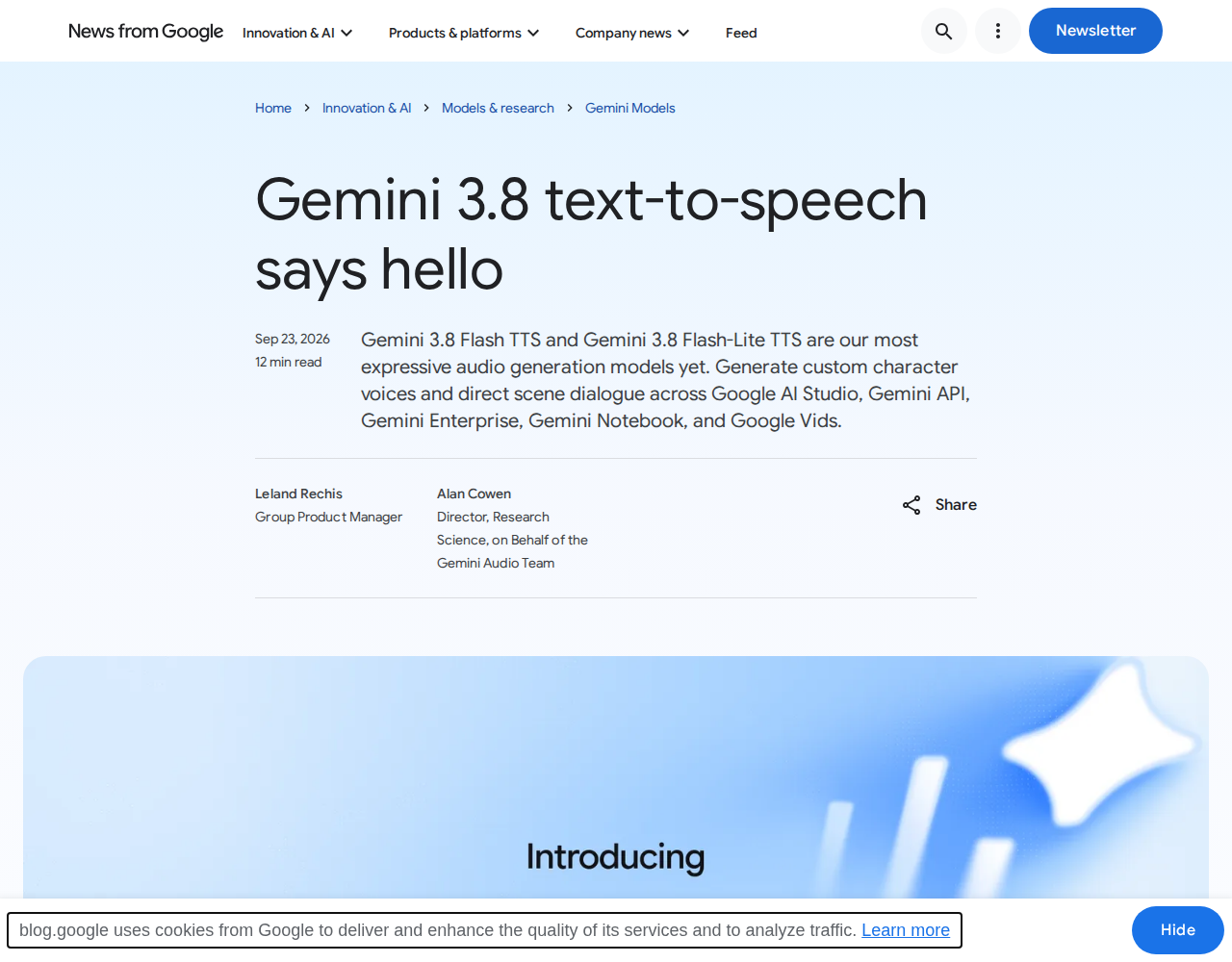 Live capture of Google's official Gemini 3.8 TTS announcement page
