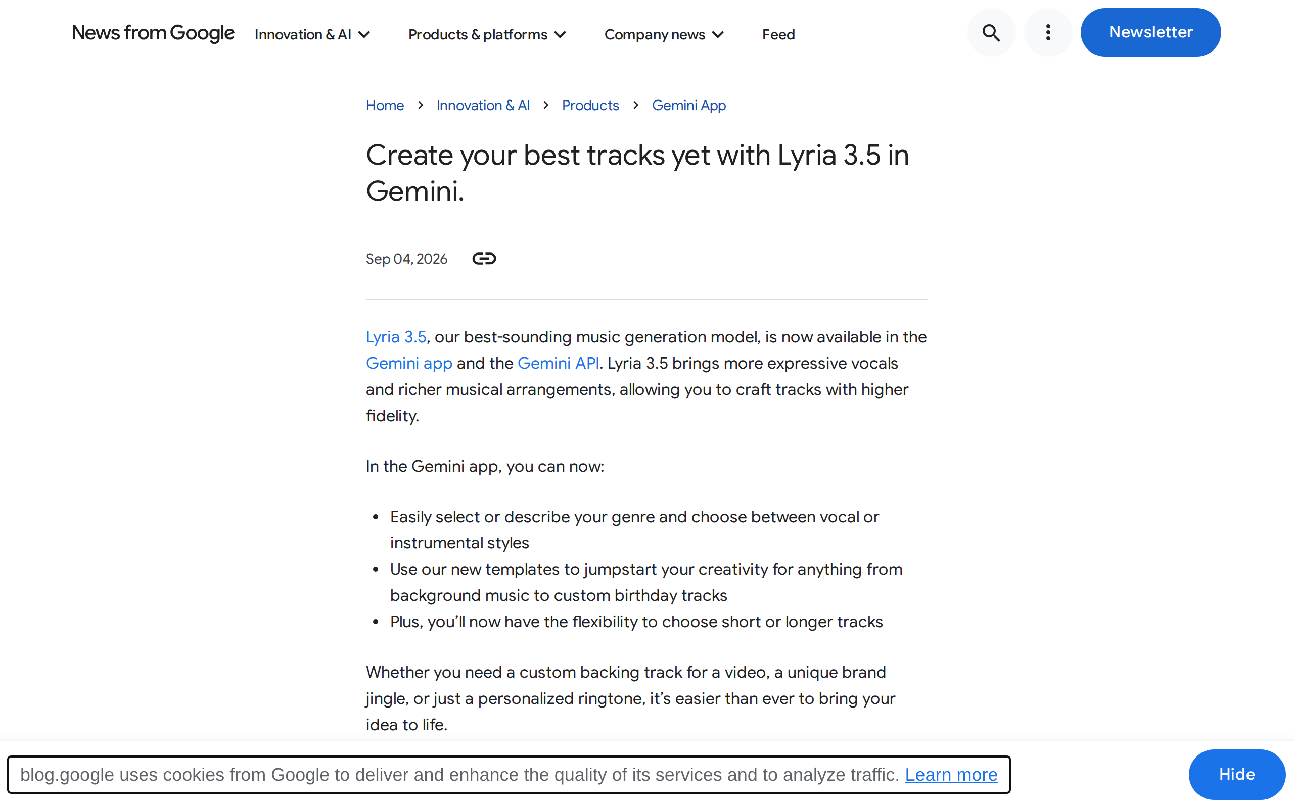 Google's official announcement of Lyria 3.5 in Gemini