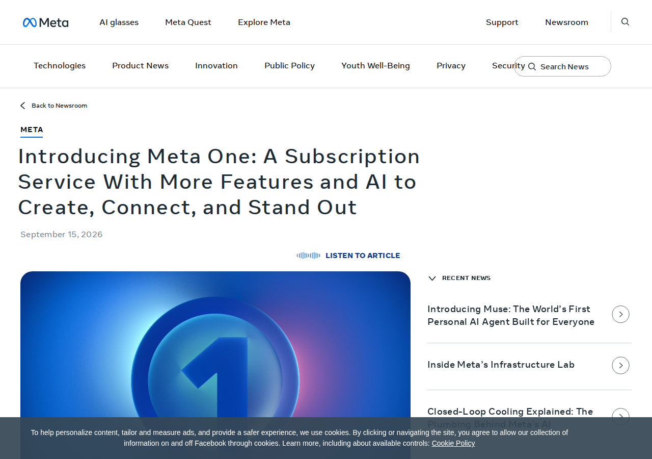 Screenshot of the official Meta One announcement page on Meta Newsroom