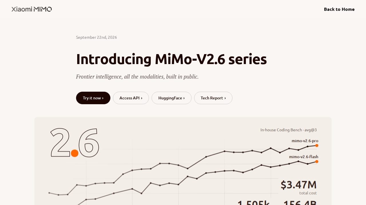The official MiMo-V2.6 announcement page on Xiaomi's site