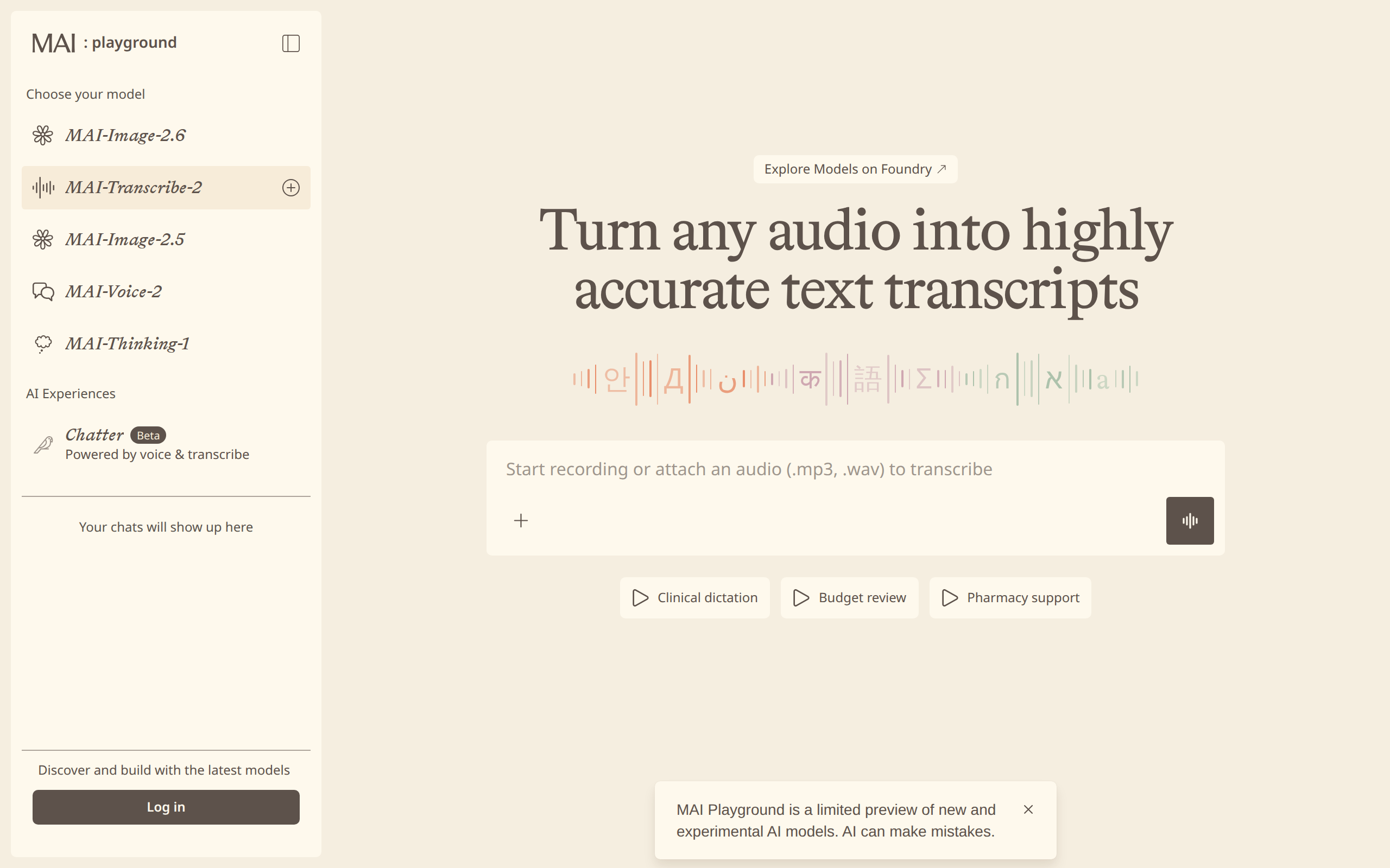 MAI Playground interface with mai-transcribe-2 selected
