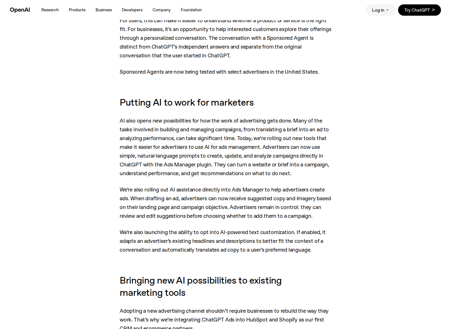 Section of OpenAI's official Sponsored Agents announcement captured via the Wayback Machine